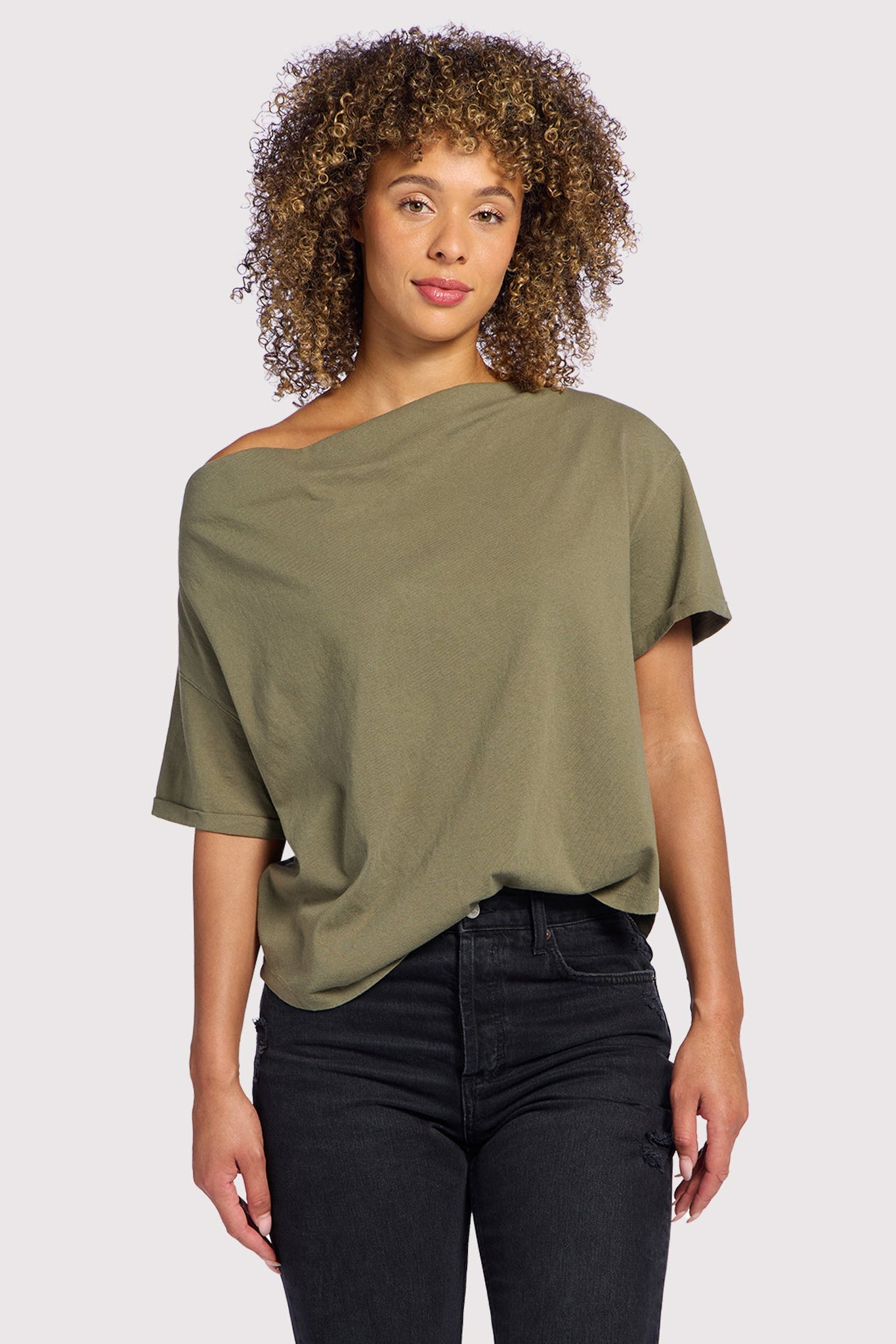 Vintage Cotton Off The Shoulder T-Shirt | Olive