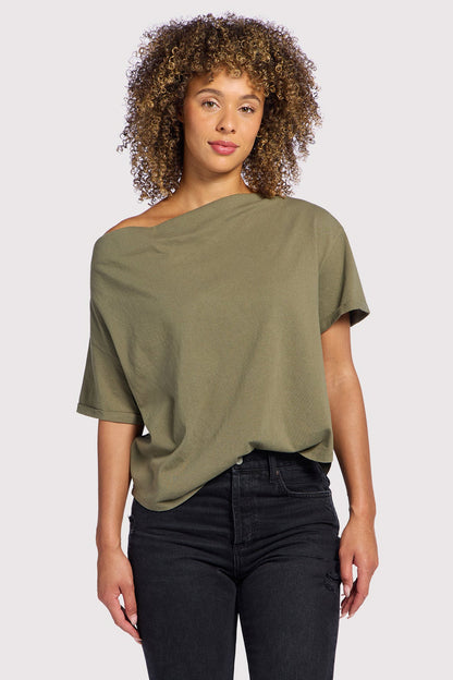 Vintage Cotton Off The Shoulder T-Shirt | Olive