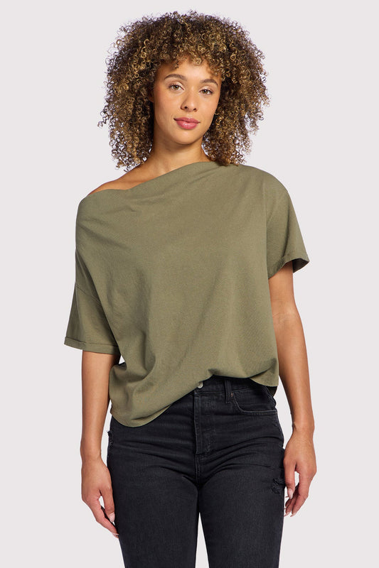 Vintage Cotton Off The Shoulder T-Shirt | Olive