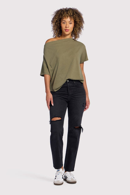 Vintage Cotton Off The Shoulder T-Shirt | Olive