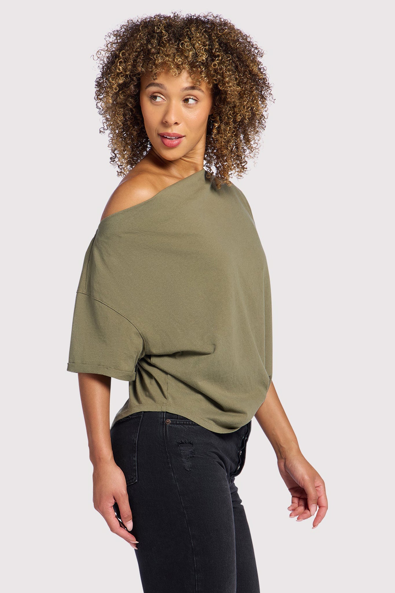 Vintage Cotton Off The Shoulder T-Shirt | Olive
