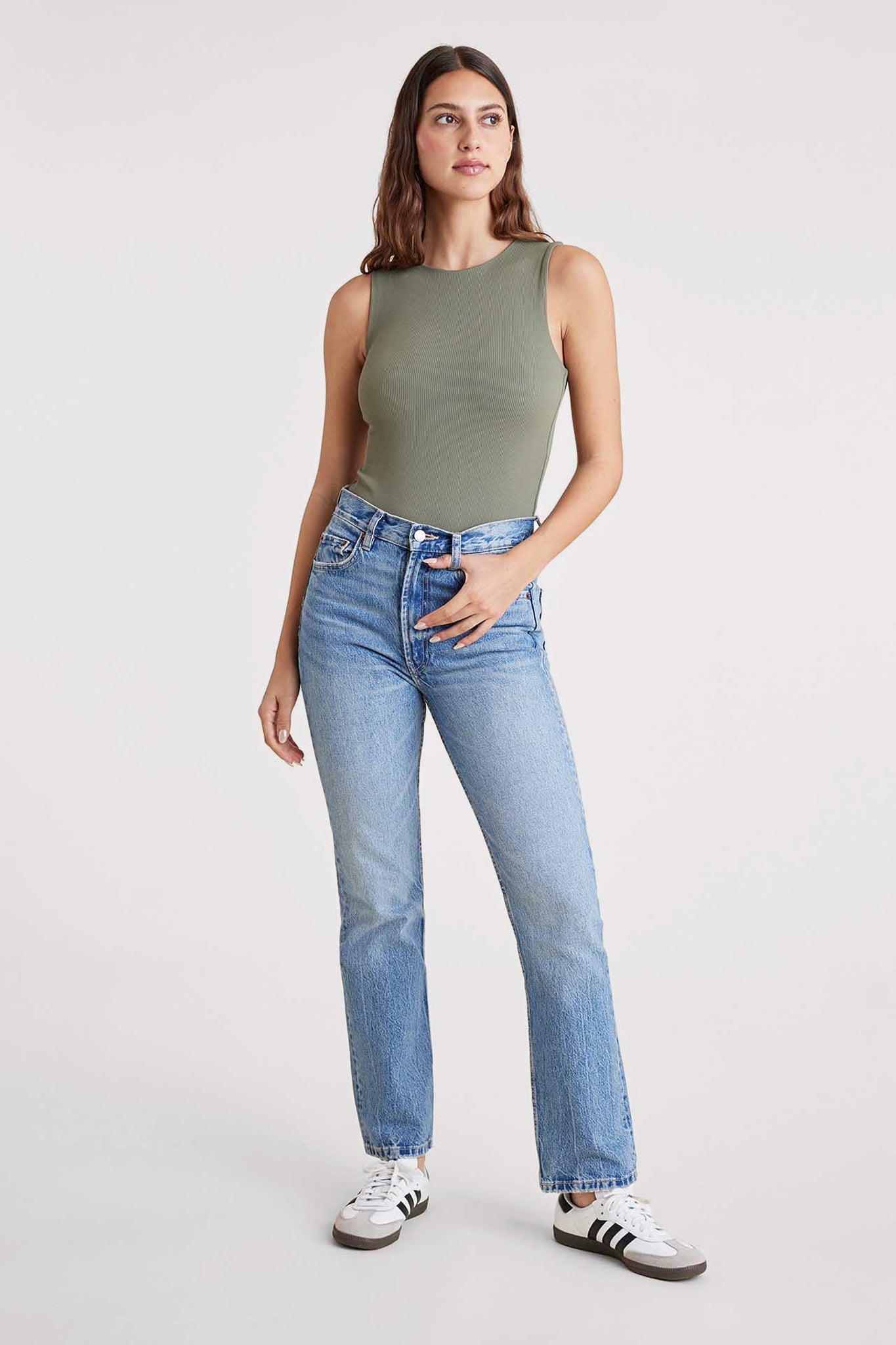 Ribbed Crewneck Tank Bodysuit | Olive