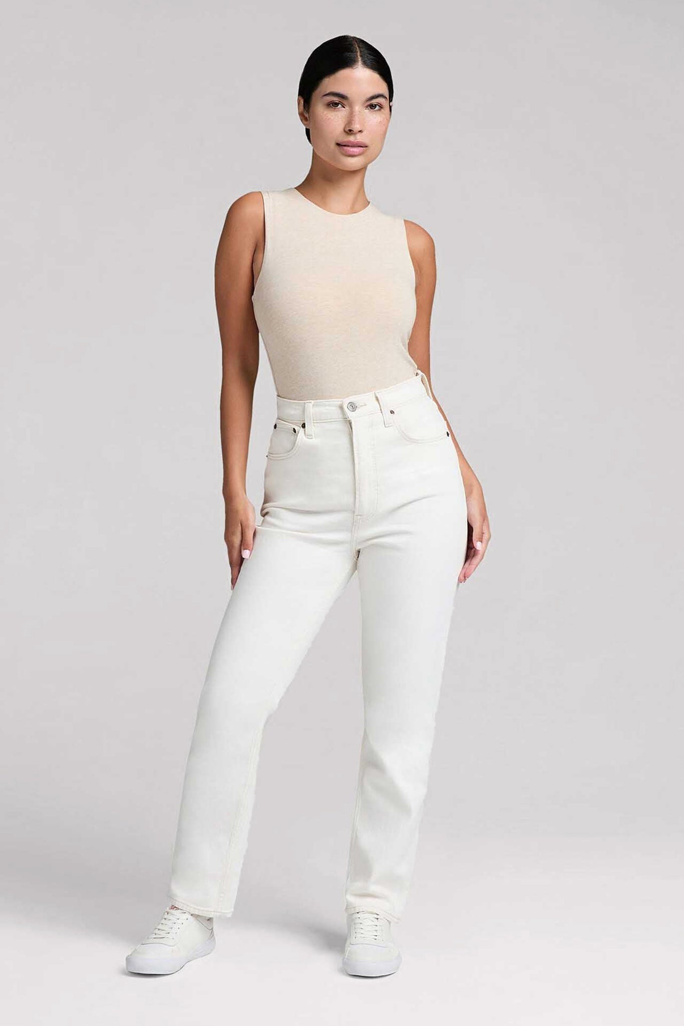 Cotton Stretch Classic Crewneck Tank Bodysuit | Heather Bone