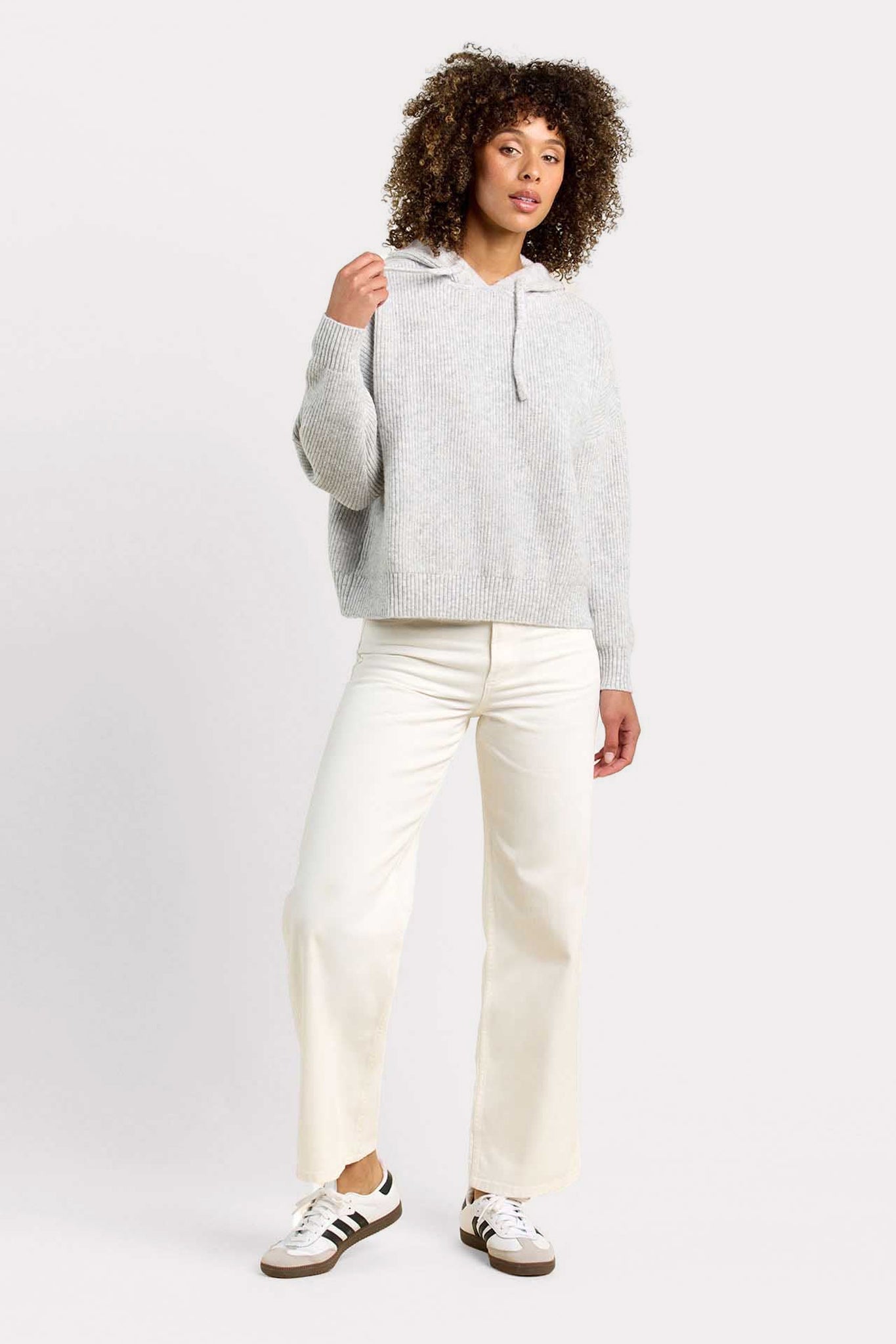 Cozy Knit Ribbed Sweater Hoodie | Heather Grey