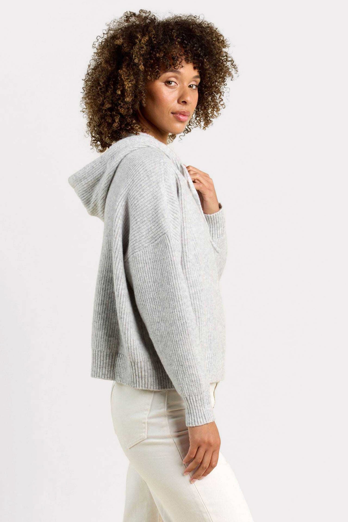 Cozy Knit Ribbed Sweater Hoodie | Heather Grey