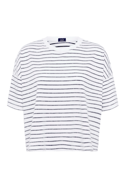 Soft Cotton Striped Boxy Tee | White/Navy