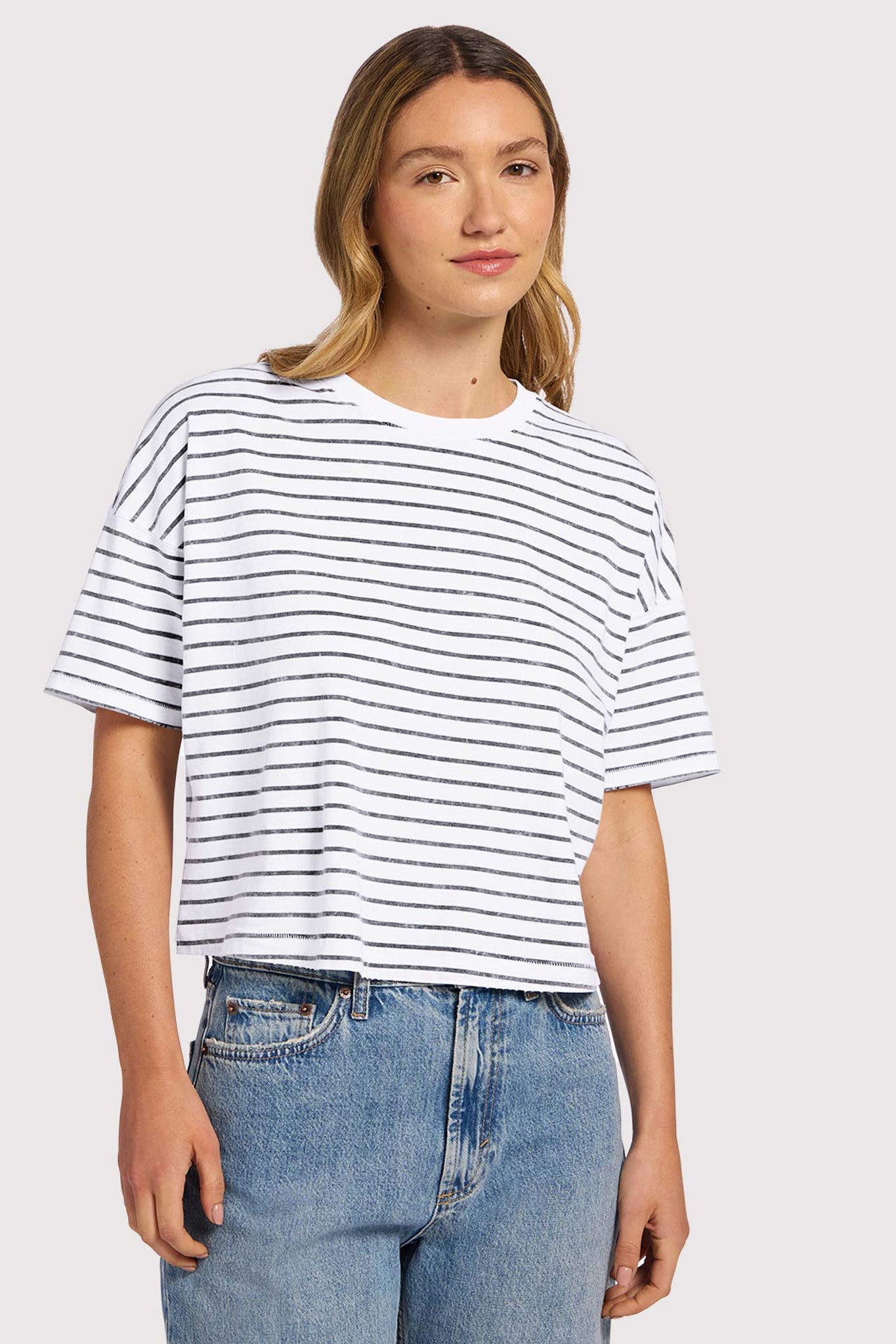 Soft Cotton Striped Boxy Tee | White/Navy
