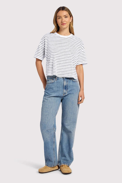 Soft Cotton Striped Boxy Tee | White/Navy