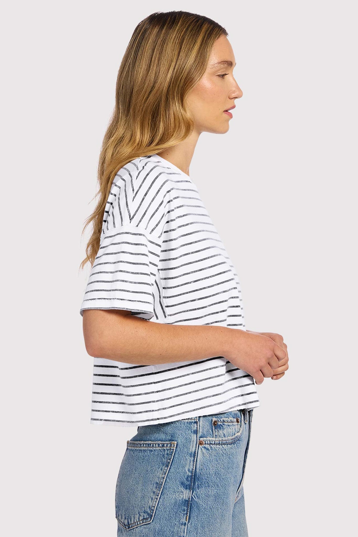 Soft Cotton Striped Boxy Tee | White/Navy