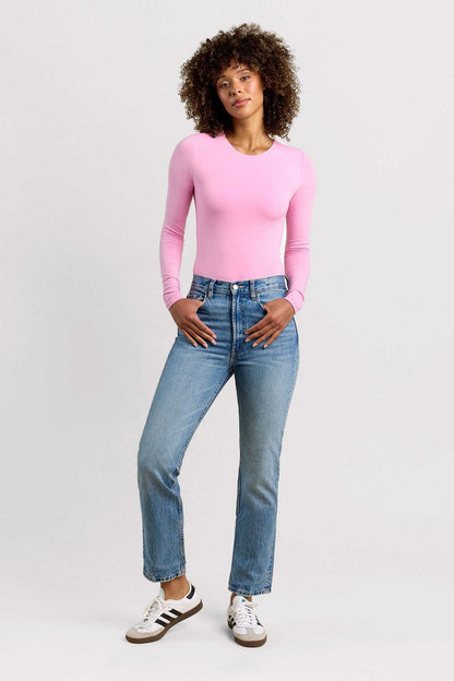 Cotton Stretch Long Sleeve Crewneck Bodysuit | Bubblegum Pink
