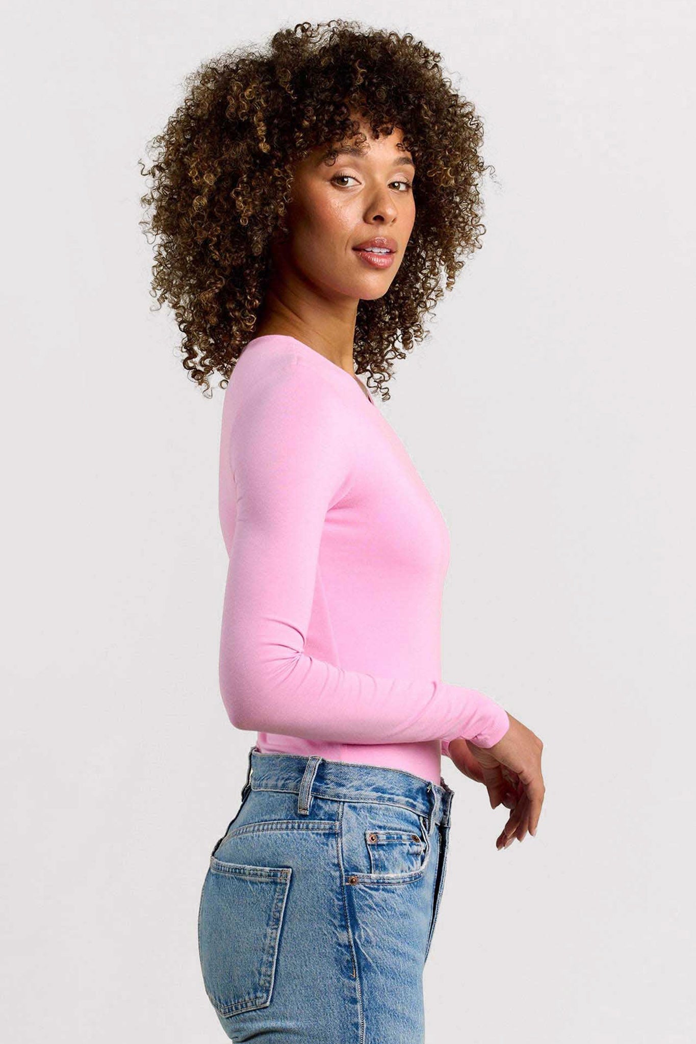 Cotton Stretch Long Sleeve Crewneck Bodysuit | Bubblegum Pink