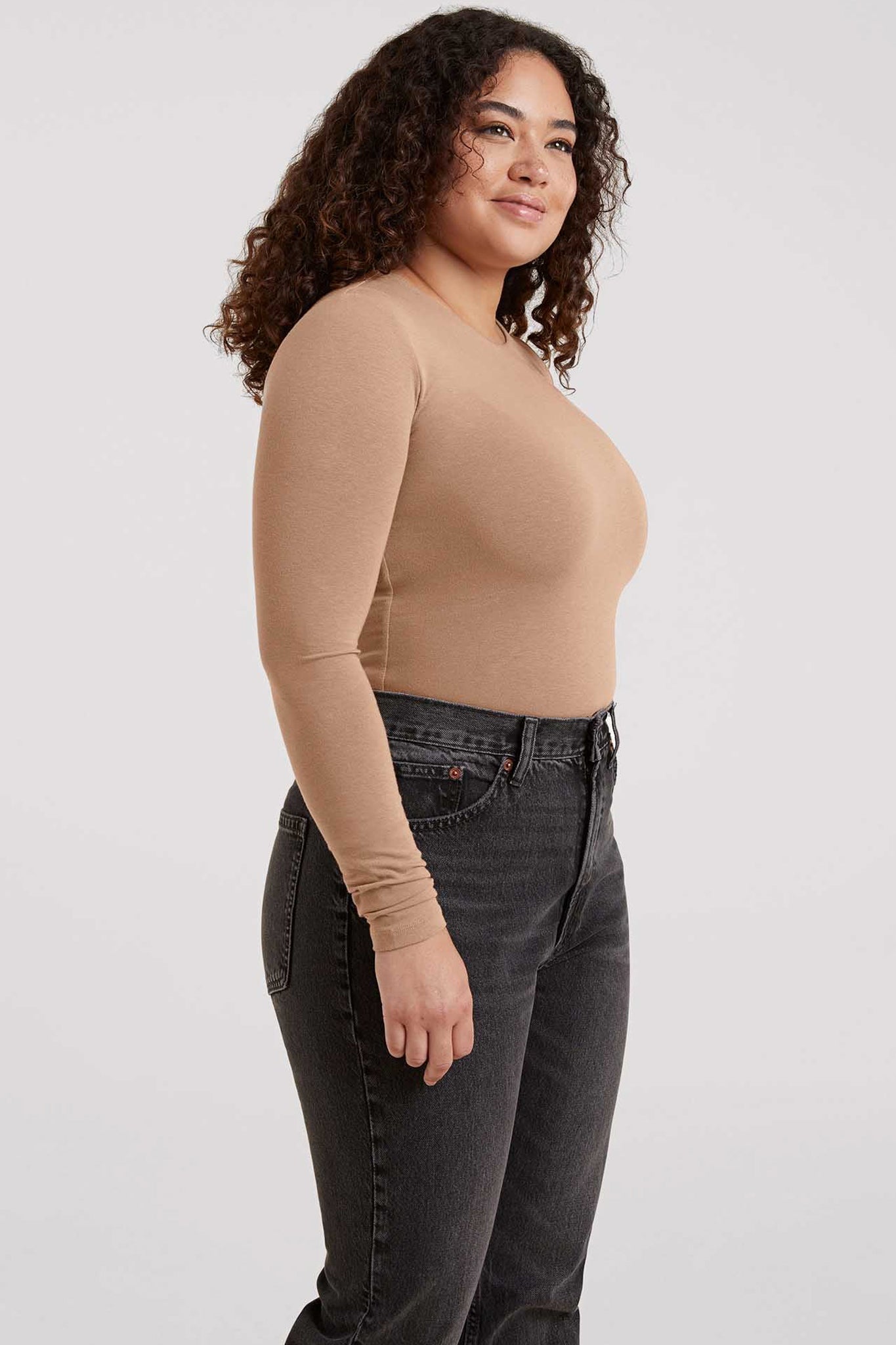 Cotton Stretch Long Sleeve Crewneck Bodysuit | Cinnamon
