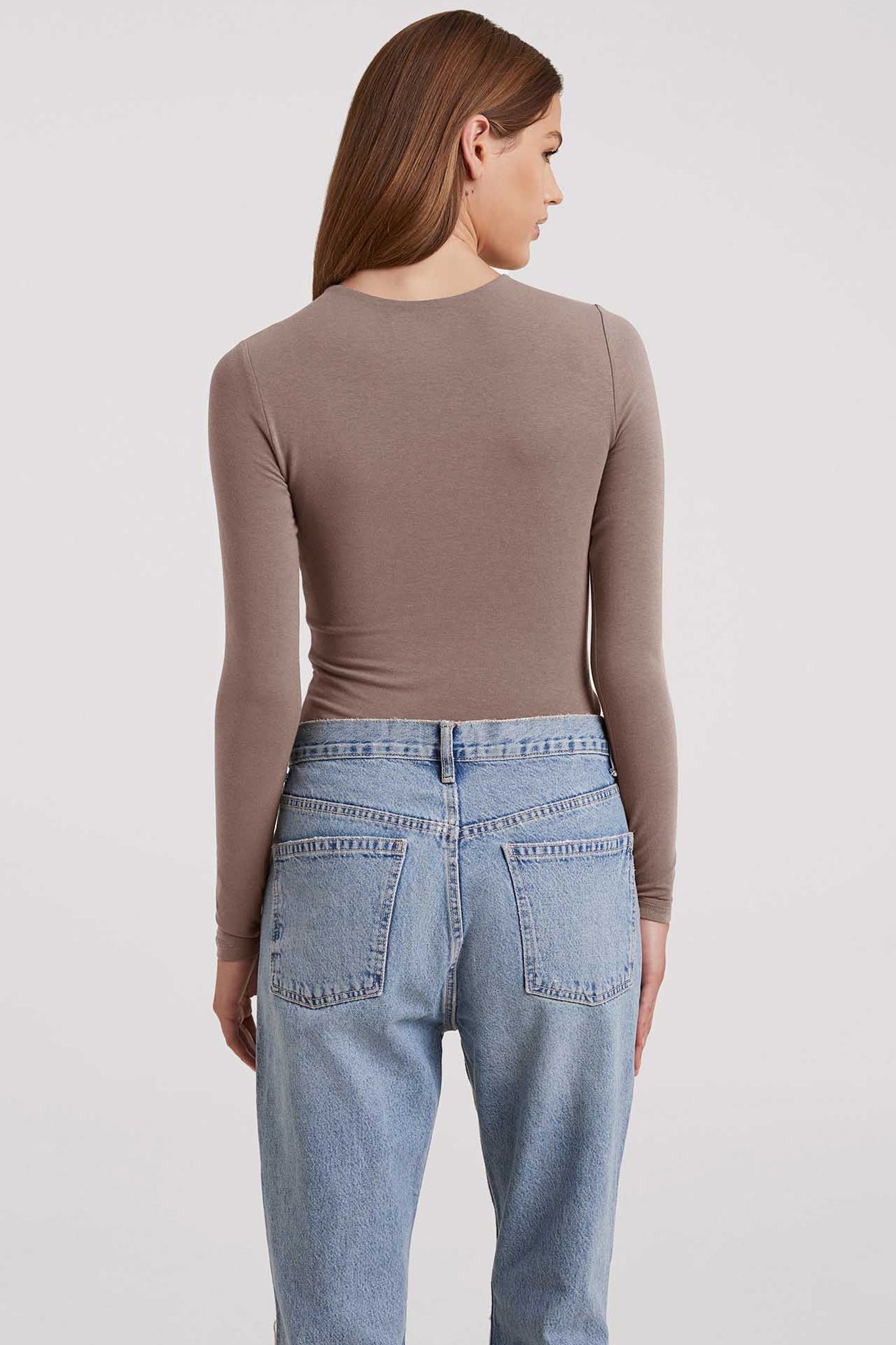 Cotton Stretch Long Sleeve Crewneck Bodysuit | Mocha