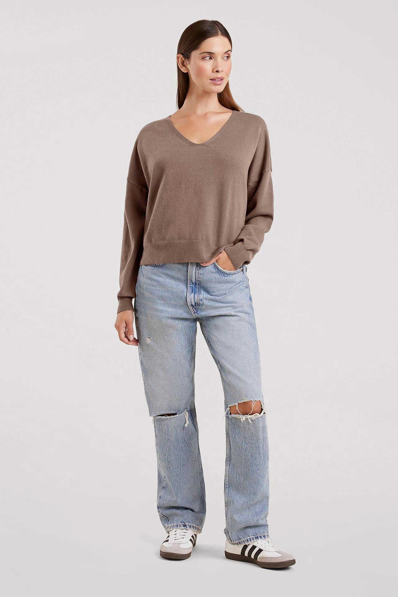 Luxe Knit V-Neck Sweater | Mocha