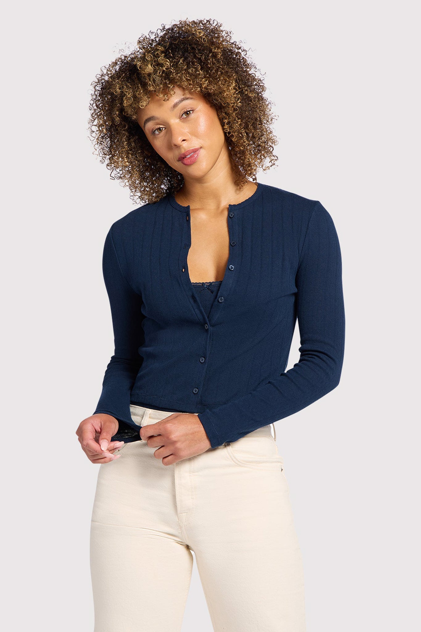 Pointelle Cardigan | Navy