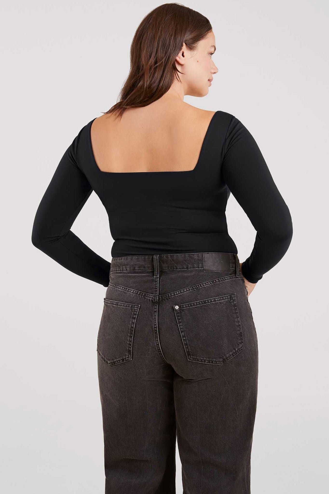 Long Sleeve Wide Square Neck Bodysuit | Black