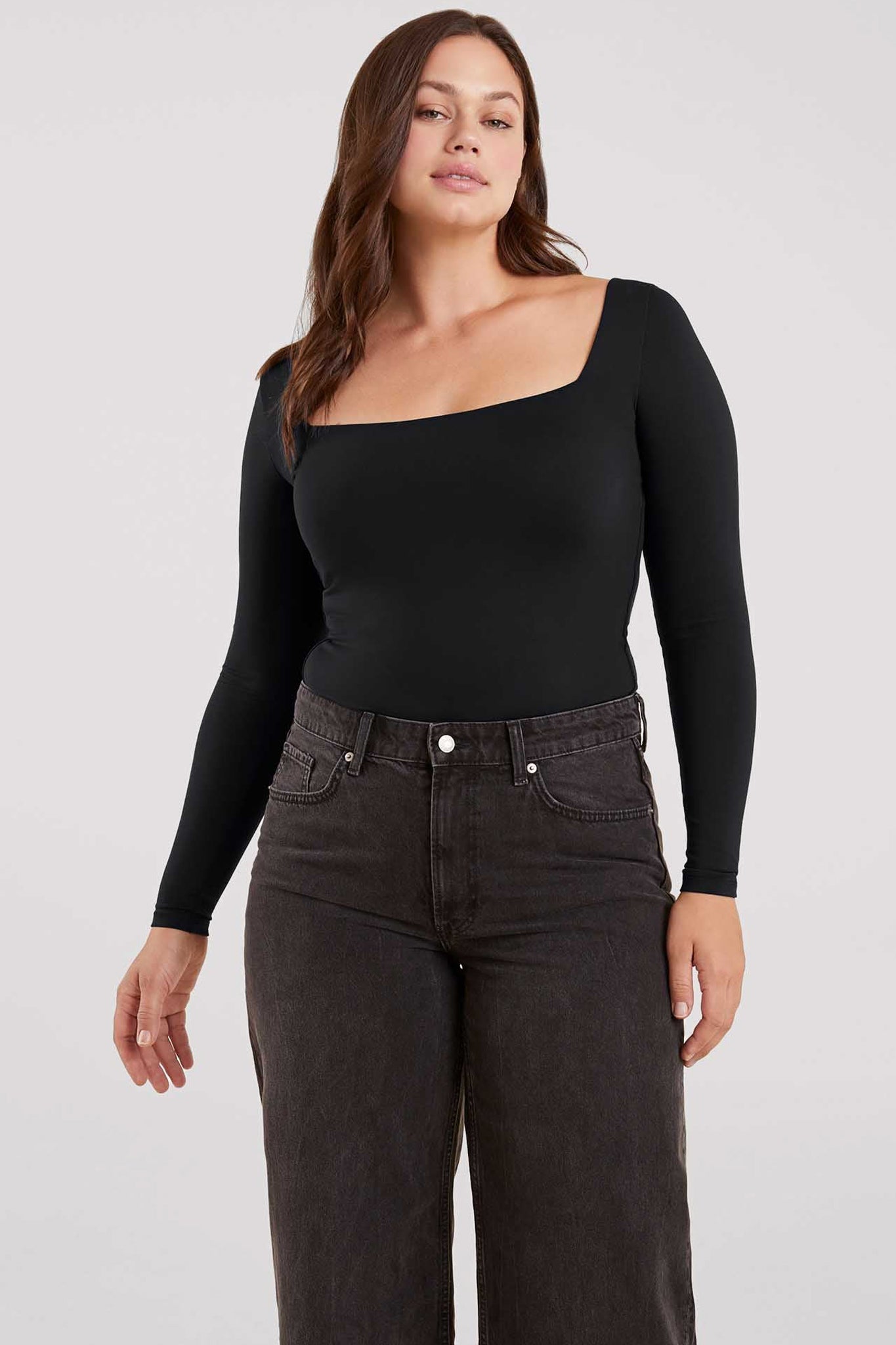 Long Sleeve Wide Square Neck Bodysuit | Black