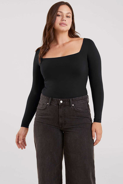 Long Sleeve Wide Square Neck Bodysuit | Black