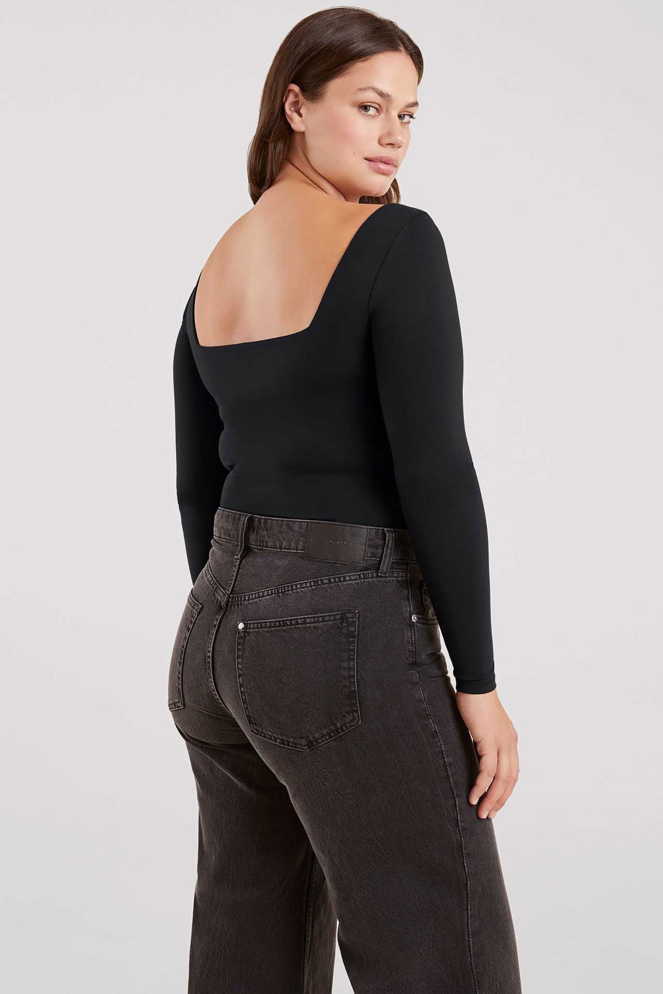 Long Sleeve Wide Square Neck Bodysuit | Black