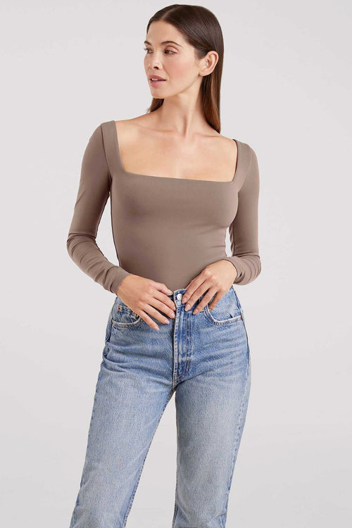 Long Sleeve Wide Square Neck Bodysuit | Mocha
