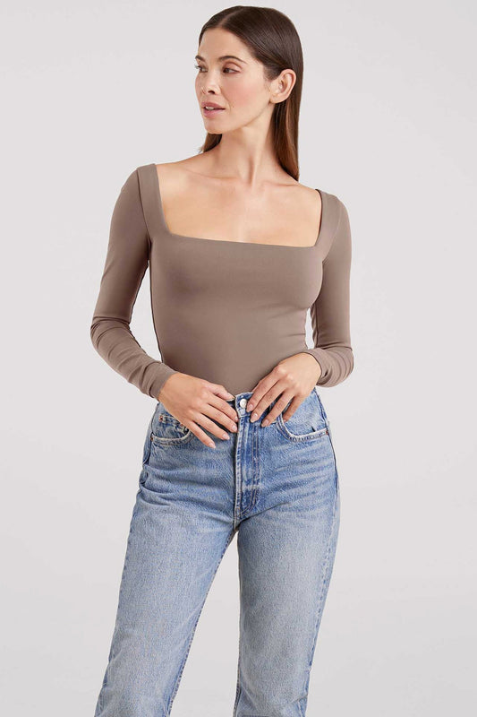 Long Sleeve Wide Square Neck Bodysuit | Mocha