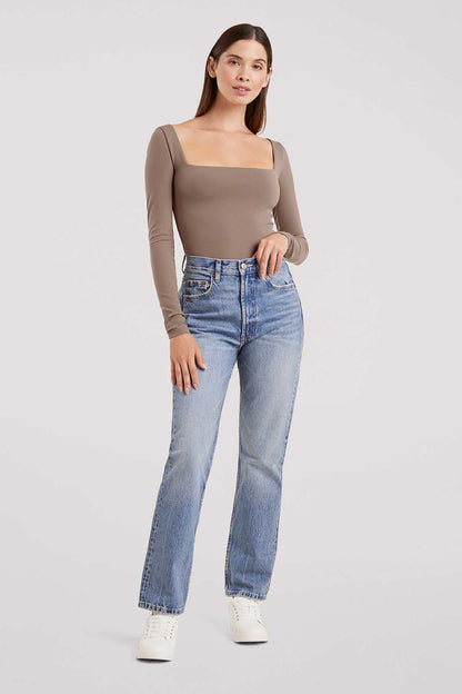 Long Sleeve Wide Square Neck Bodysuit | Mocha