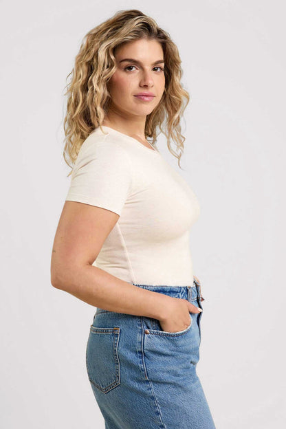 Cotton Stretch Short Sleeve Crewneck Bodysuit | Heather Bone