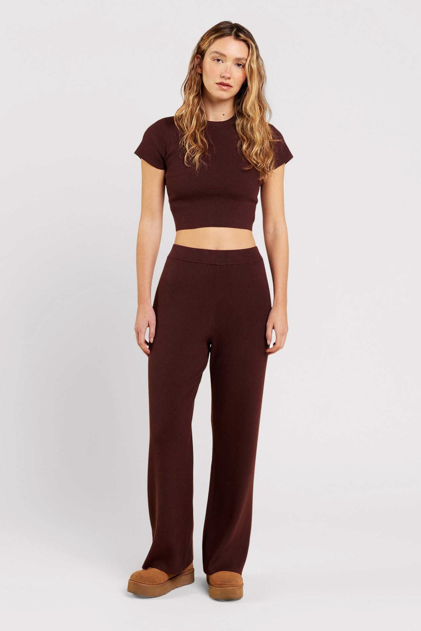 Ribbed Sweater Wide Leg Pant | Coffee