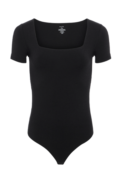 Cotton Stretch Short Sleeve Square Neck Bodysuit | Black