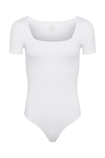 Cotton Stretch Short Sleeve Square Neck Bodysuit | White