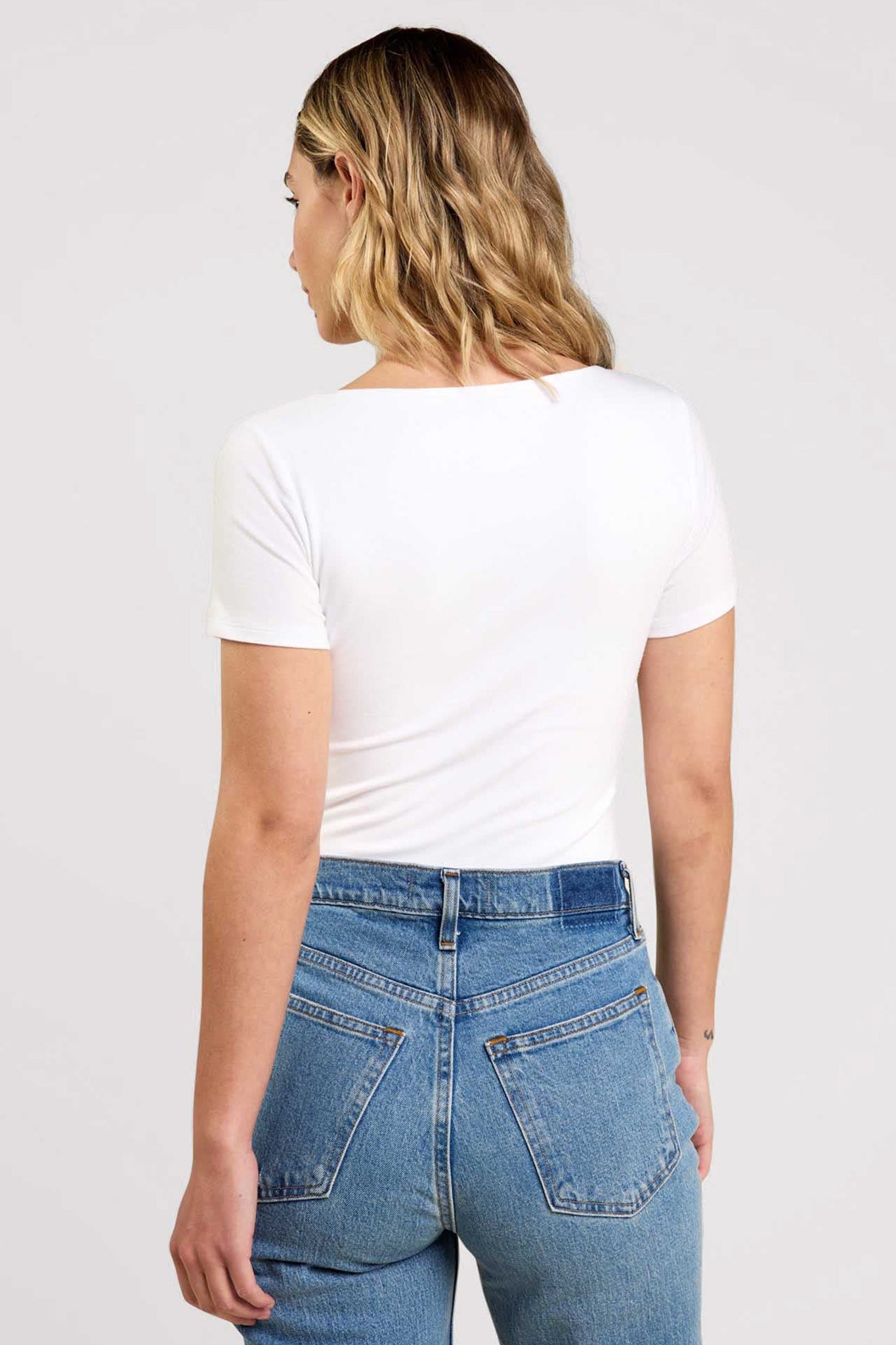 Cotton Stretch Short Sleeve Square Neck Bodysuit | White