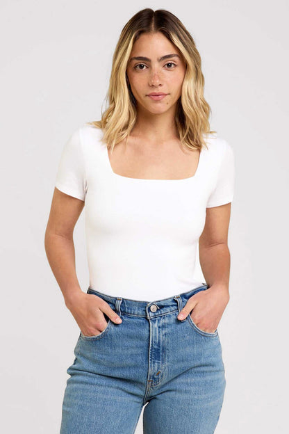 Cotton Stretch Short Sleeve Square Neck Bodysuit | White