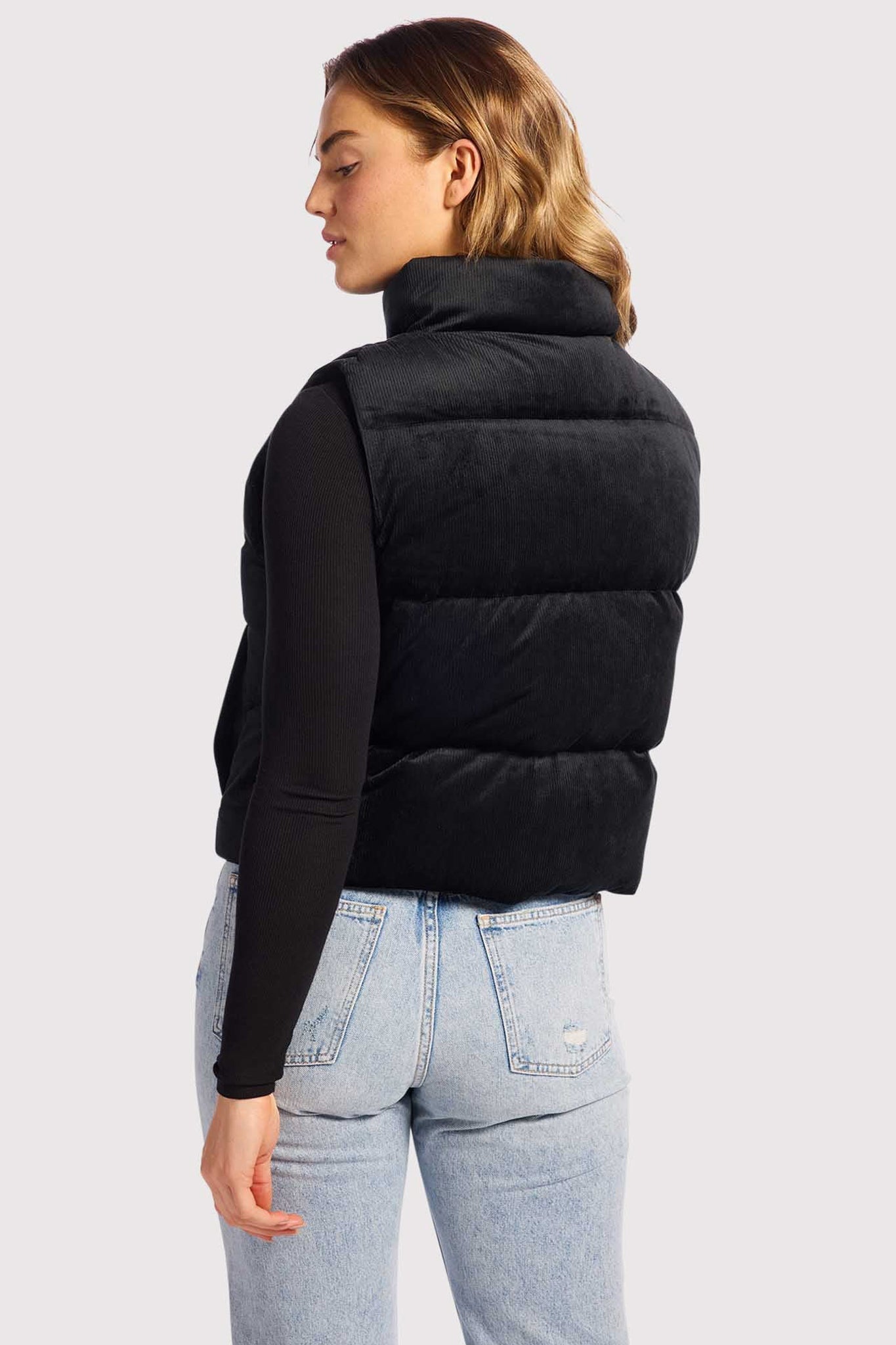 Ribbed Velour Puffer Vest | Black