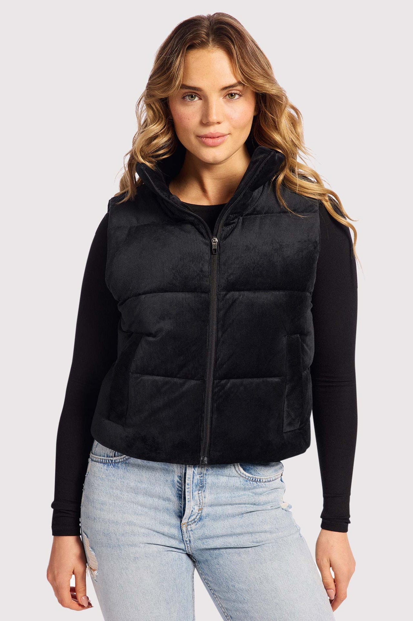 Ribbed Velour Puffer Vest | Black