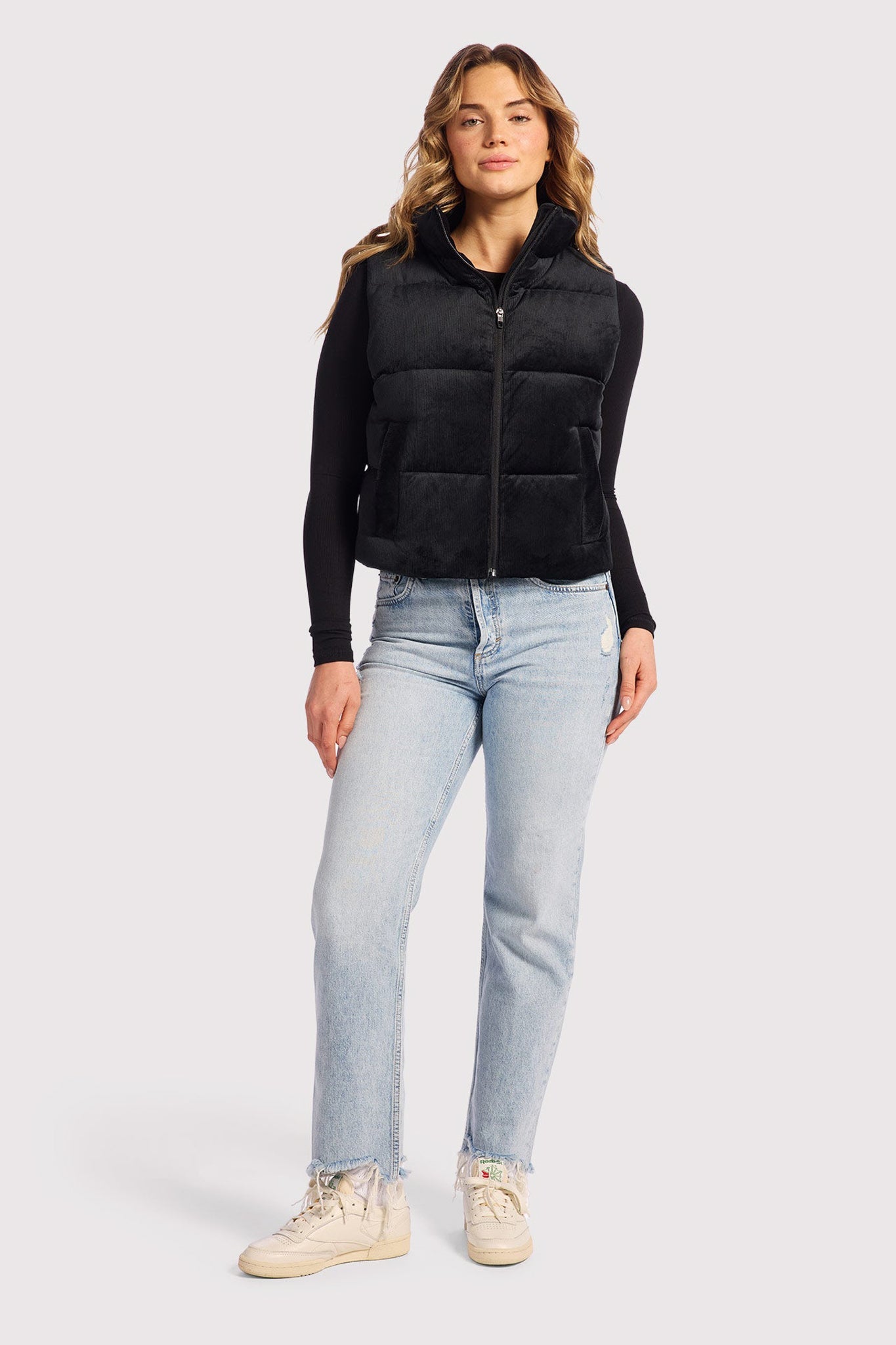 Ribbed Velour Puffer Vest | Black