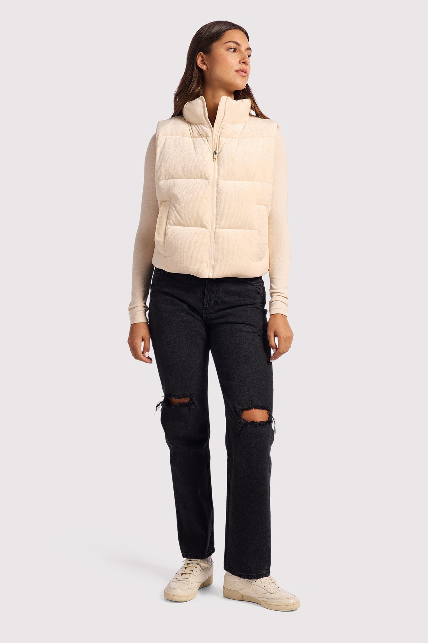 Ribbed Velour Puffer Vest | Bone
