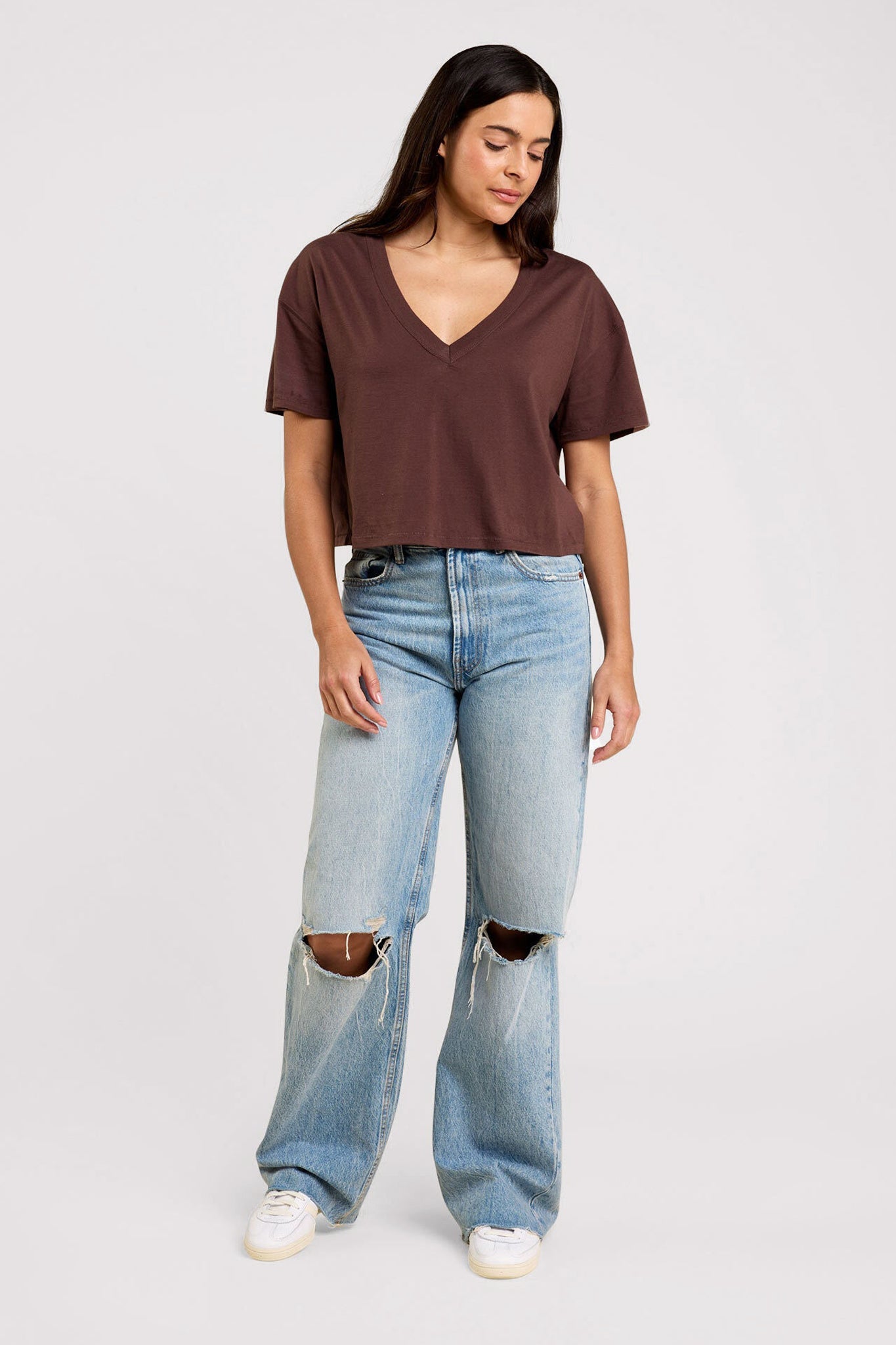 Boxy V-Neck Tee | Coffee