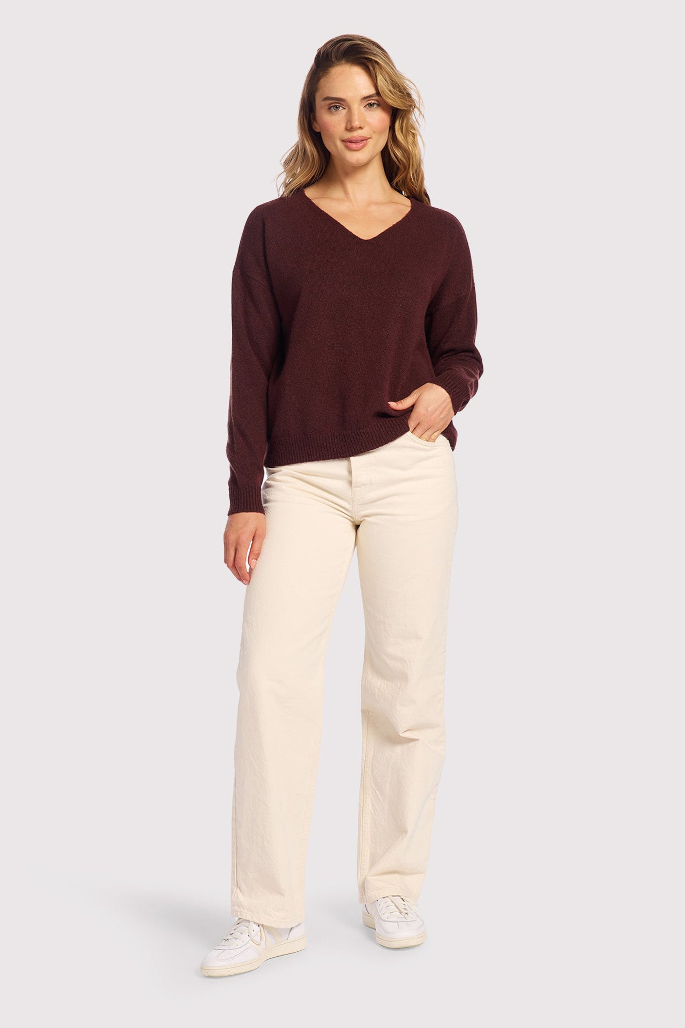 Cozy Knit V-Neck Sweater | Black Cherry