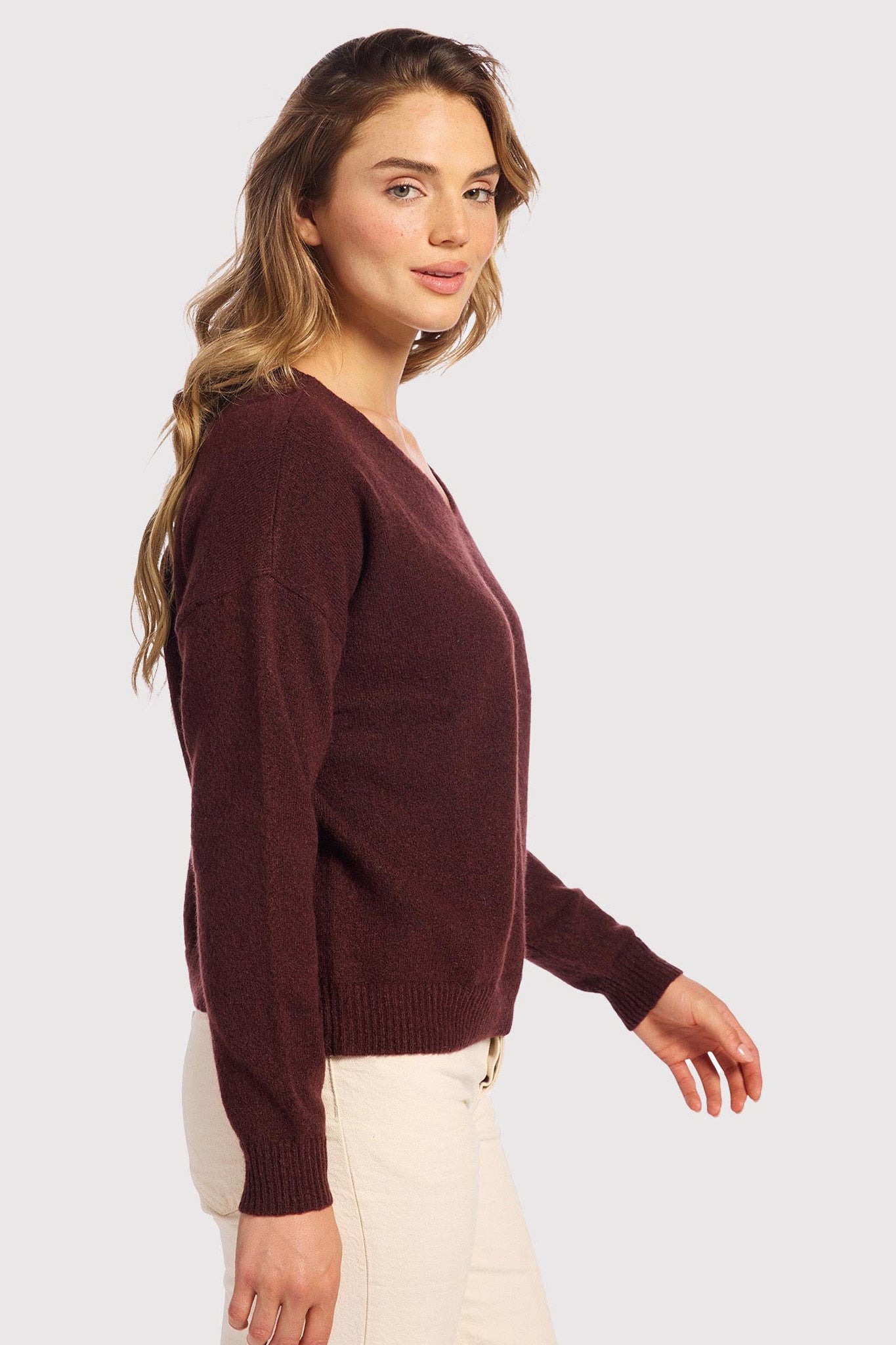 Cozy Knit V-Neck Sweater | Black Cherry