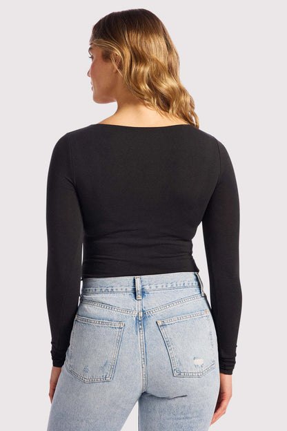 Cotton Stretch Long Sleeve Square Neck Bodysuit | Black