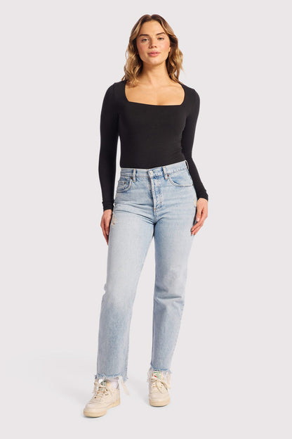 Cotton Stretch Long Sleeve Square Neck Bodysuit | Black