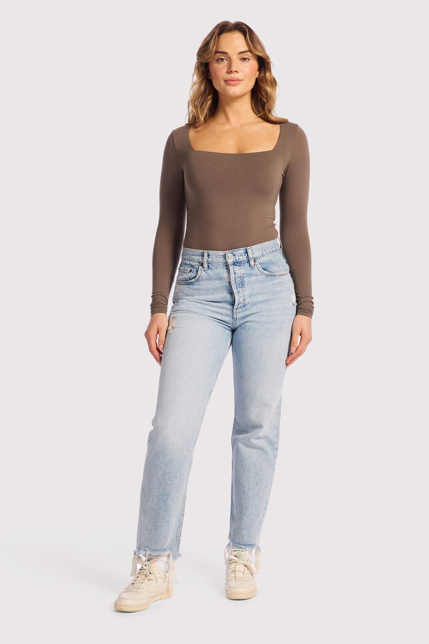Cotton Stretch Long Sleeve Square Neck Bodysuit | Mocha
