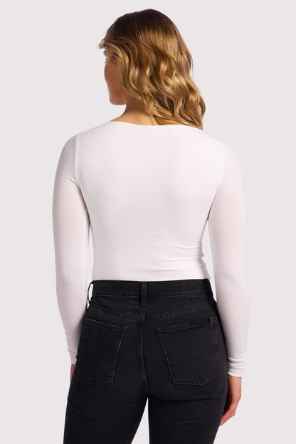 Cotton Stretch Long Sleeve Square Neck Bodysuit | White