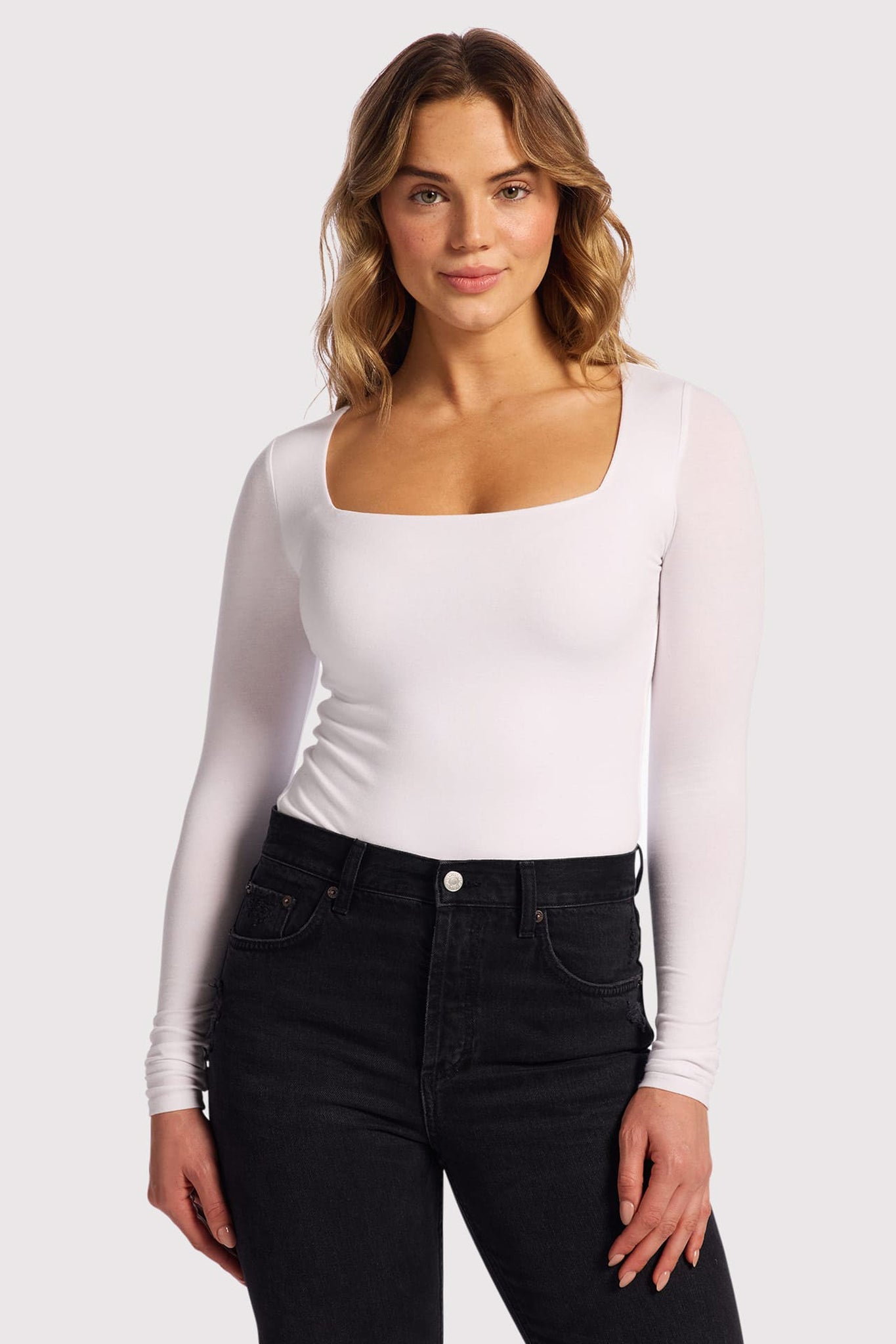 Cotton Stretch Long Sleeve Square Neck Bodysuit | White
