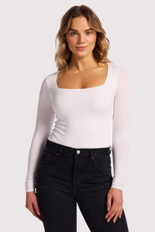 Cotton Stretch Long Sleeve Square Neck Bodysuit | White