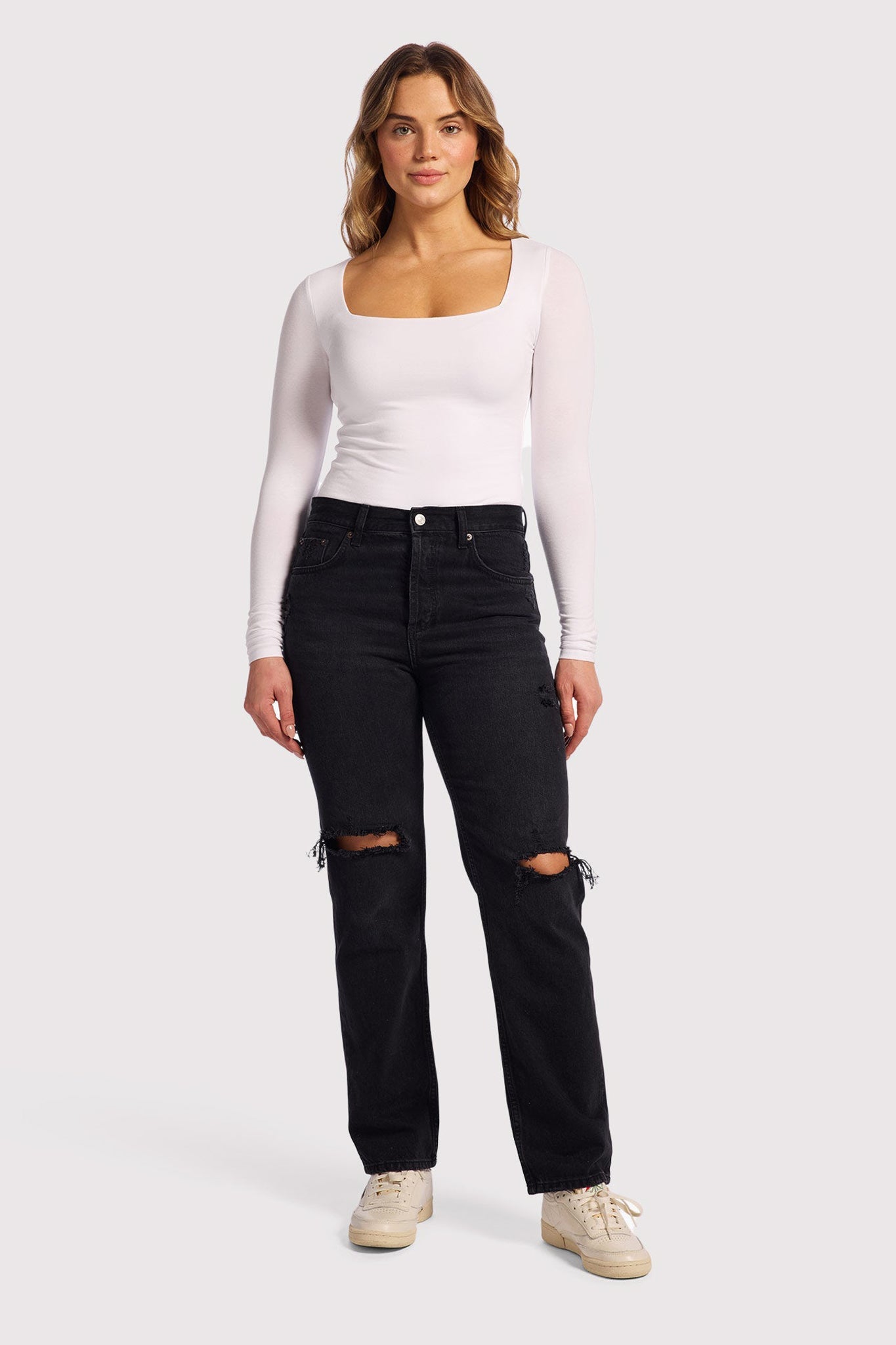 Cotton Stretch Long Sleeve Square Neck Bodysuit | White