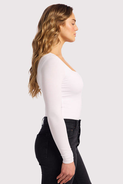 Cotton Stretch Long Sleeve Square Neck Bodysuit | White
