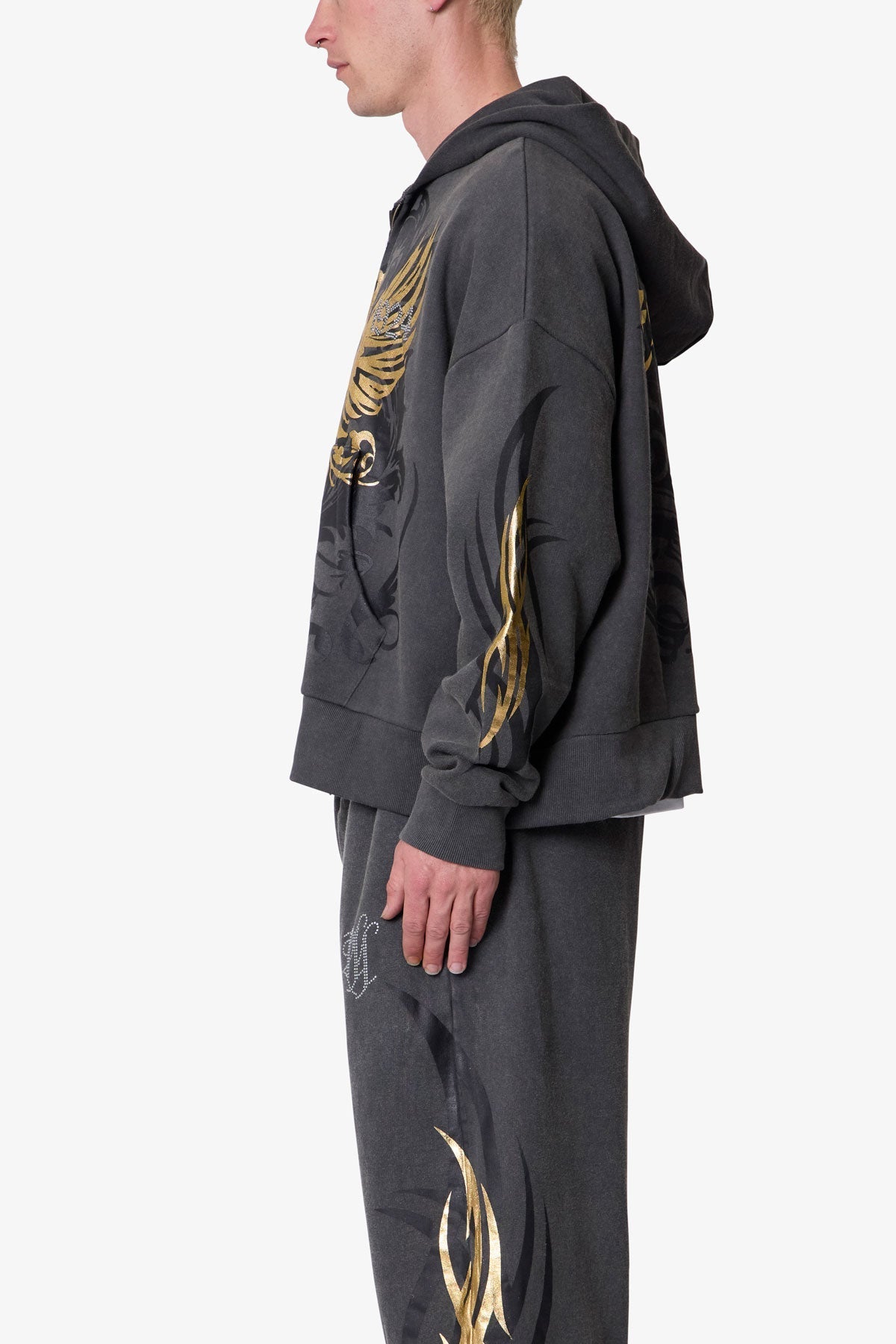 Gold Foil Tribal Hoodie - Washed Black