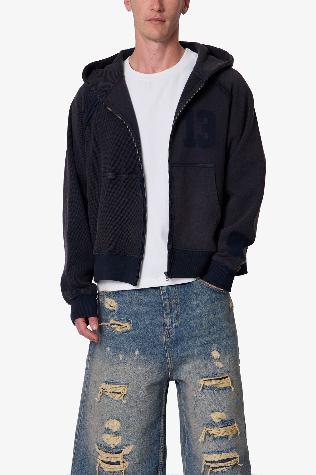 Half & Half Zip Up Hoodie - Washed Black