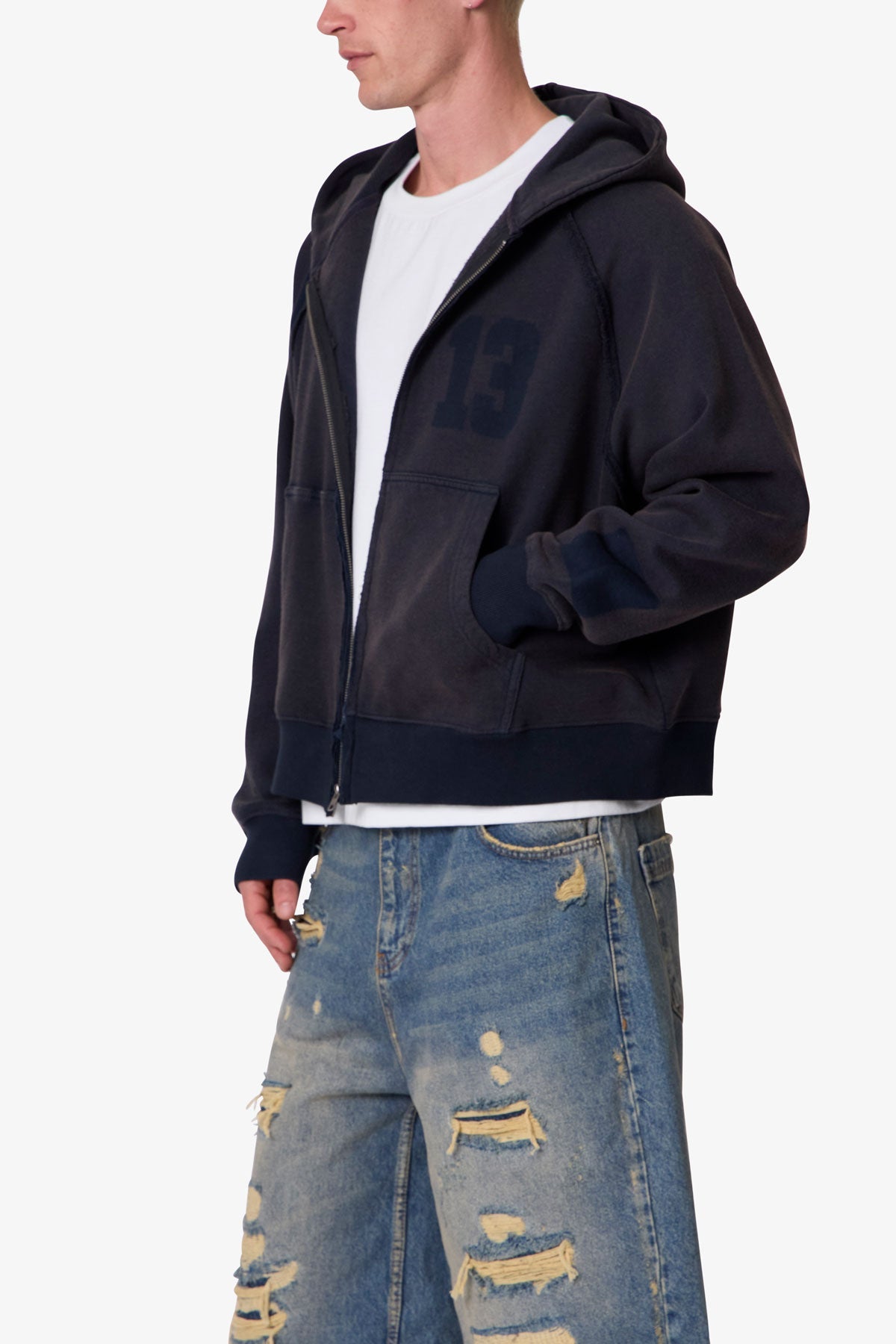 Half & Half Zip Up Hoodie - Washed Black